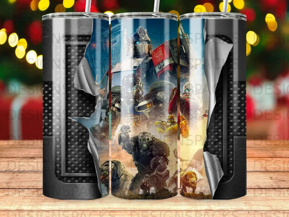 Transformers characters montage on a metallic-textured tumbler.