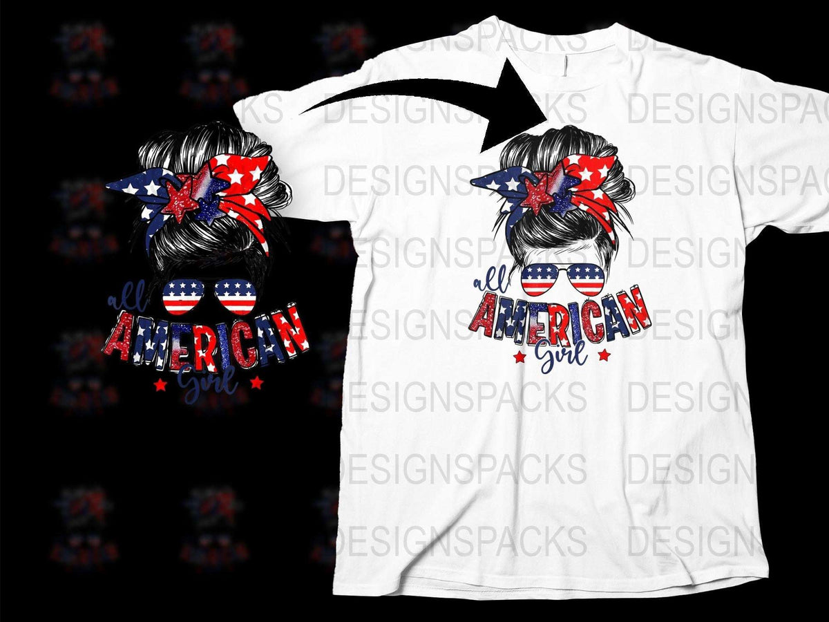All American Girl T-Shirt, Patriotic USA Flag Sunglasses and Bow Design, Trendy Independence Day Apparel for Women and Teens