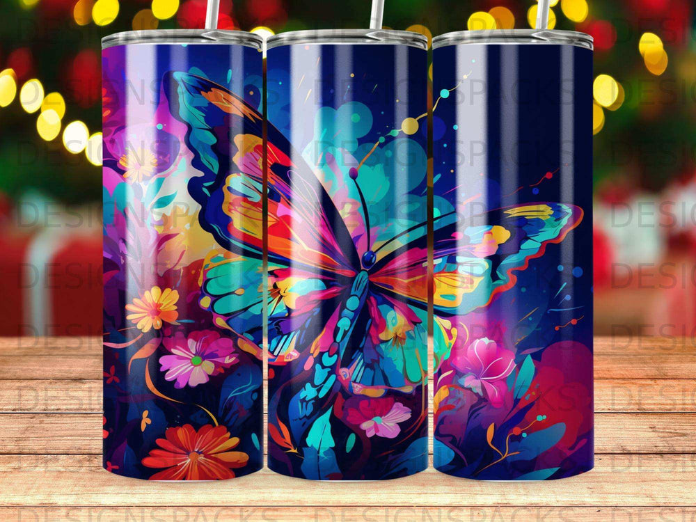 Colorful butterfly with vibrant floral patterns on a dark blue background.