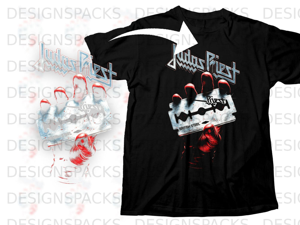 Black t-shirt featuring Judas Priest logo and bloody razor blade graphic.