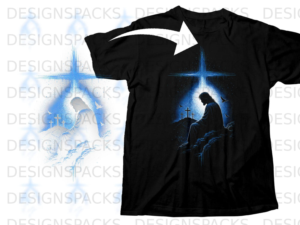 Black t-shirt with Jesus figure, crosses, and blue glowing cross design.
