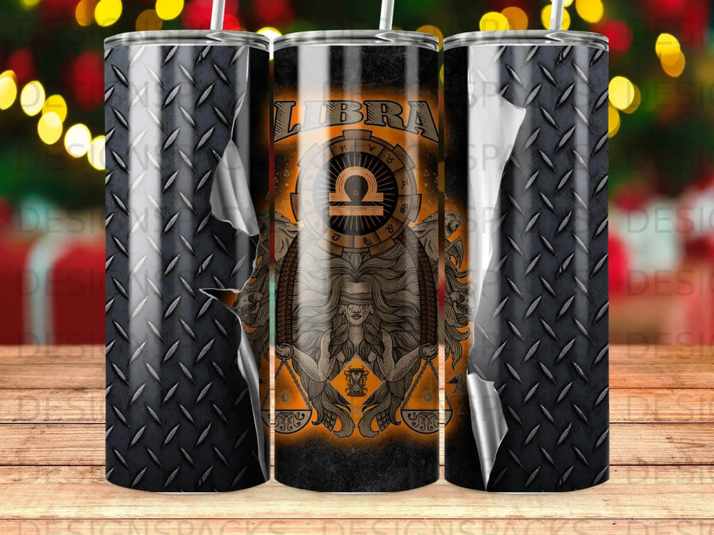 Tumbler with Libra zodiac symbol and scales design on black diamond plate background.