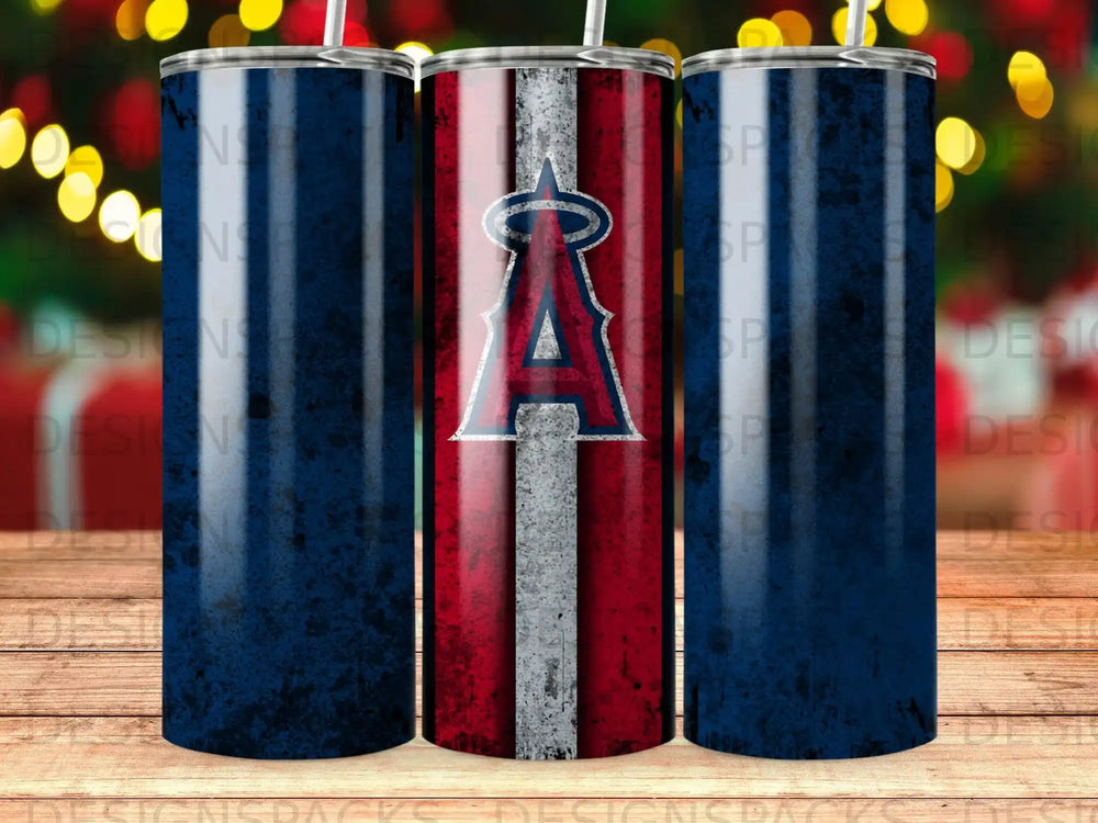 Los Angeles Angels baseball team logo on a textured blue and red tumbler.