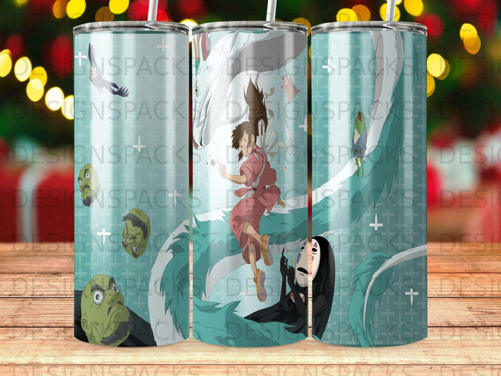 Spirited Away characters Chihiro, Haku, and No-Face on a patterned tumbler.