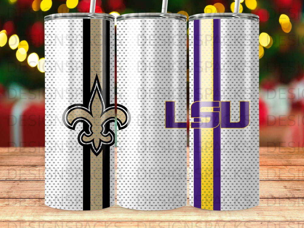Three tumblers with New Orleans Saints and LSU designs.