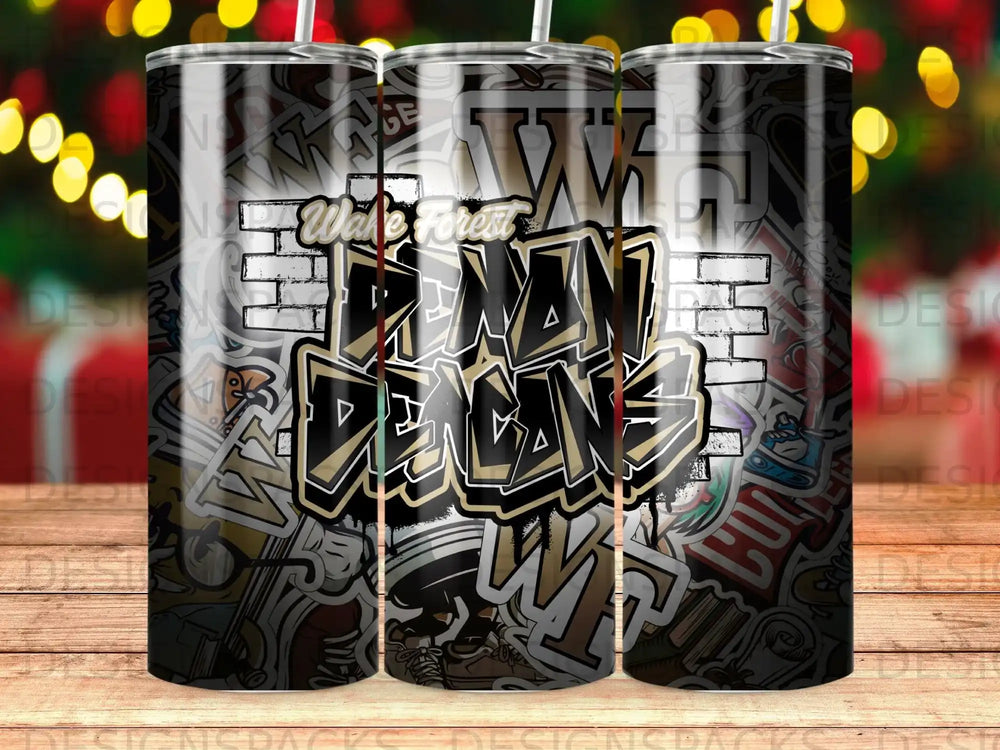 Wake Forest Demon Deacons logo on a tumbler with graffiti-style background.
