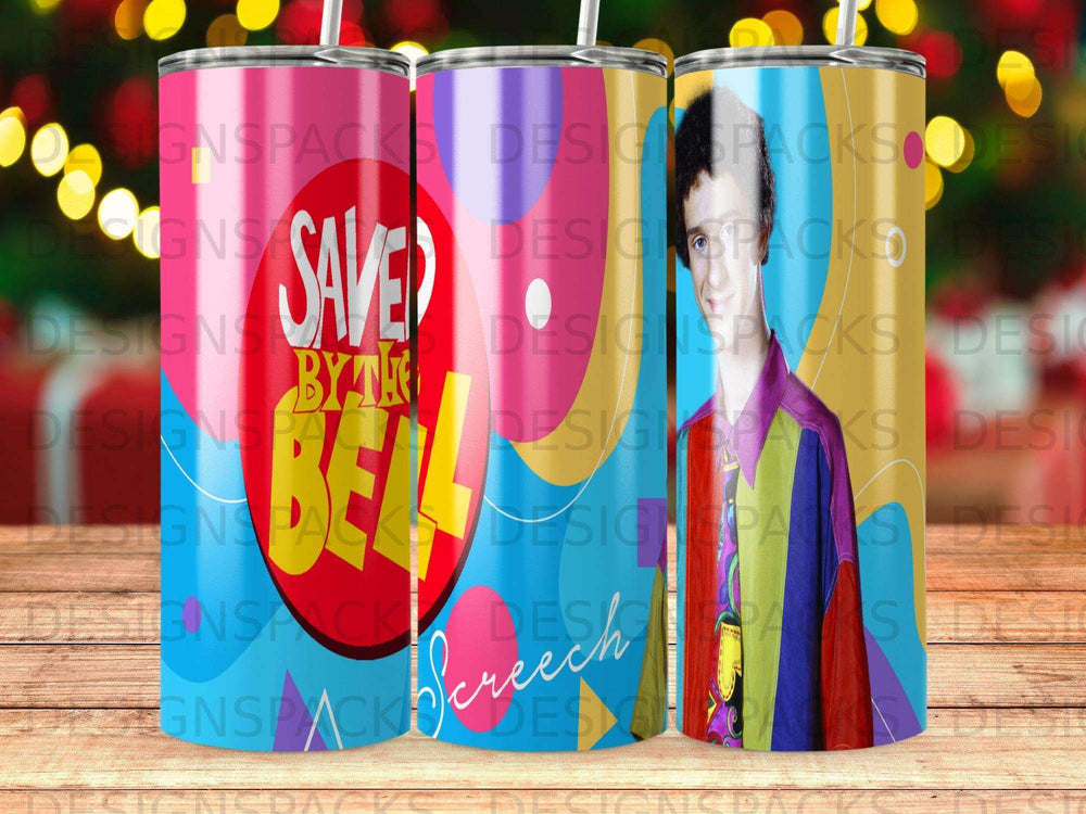 Tumbler with "Saved by the Bell screech" text and cartoon characters.