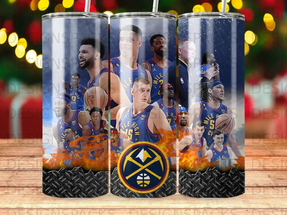 Denver Nuggets basketball team collage with player portraits and team logo.