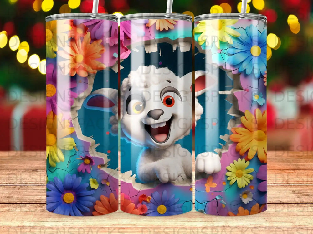 Cartoon sheep emerging from cracked background with colorful flowers.