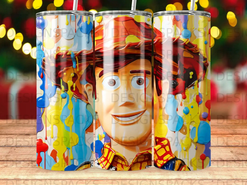 Woody character from Toy Story, rendered in vibrant paint splatters.