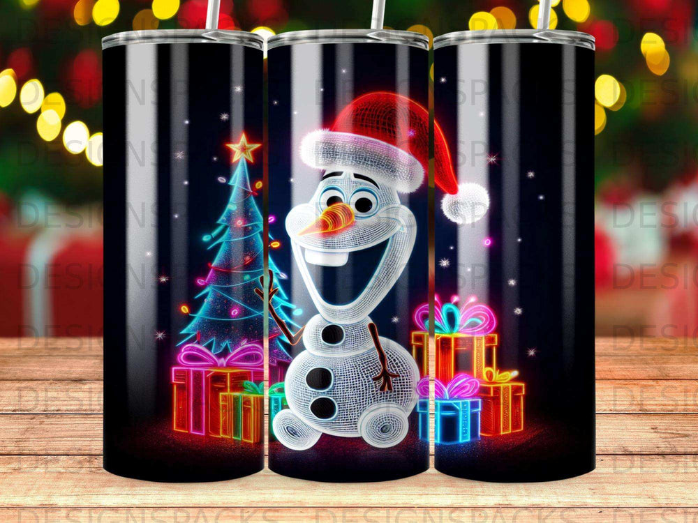 Olaf wearing a Santa hat next to a Christmas tree and presents.