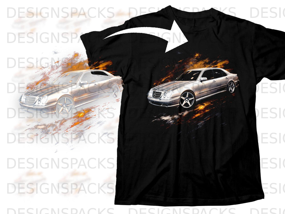 Black t-shirt with graphic of a silver sedan with flames and paint splatters.