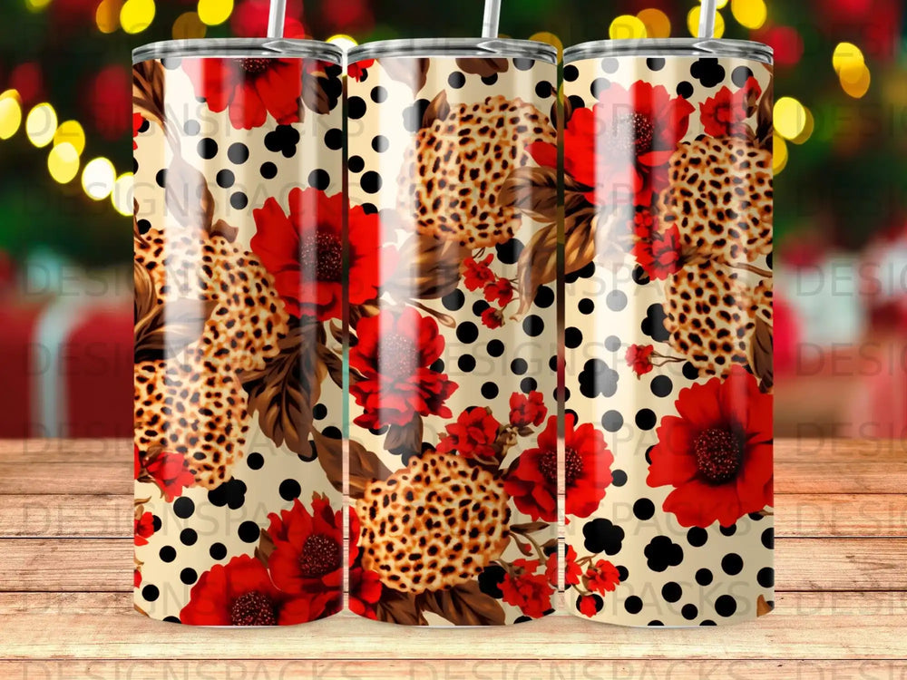 Floral and leopard print tumbler with red poppies and black polka dots.