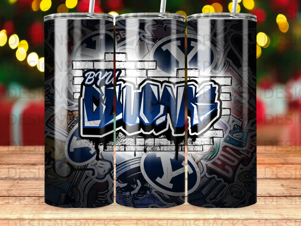 BYU logo graffiti design on a tumbler with brick and sticker patterns.