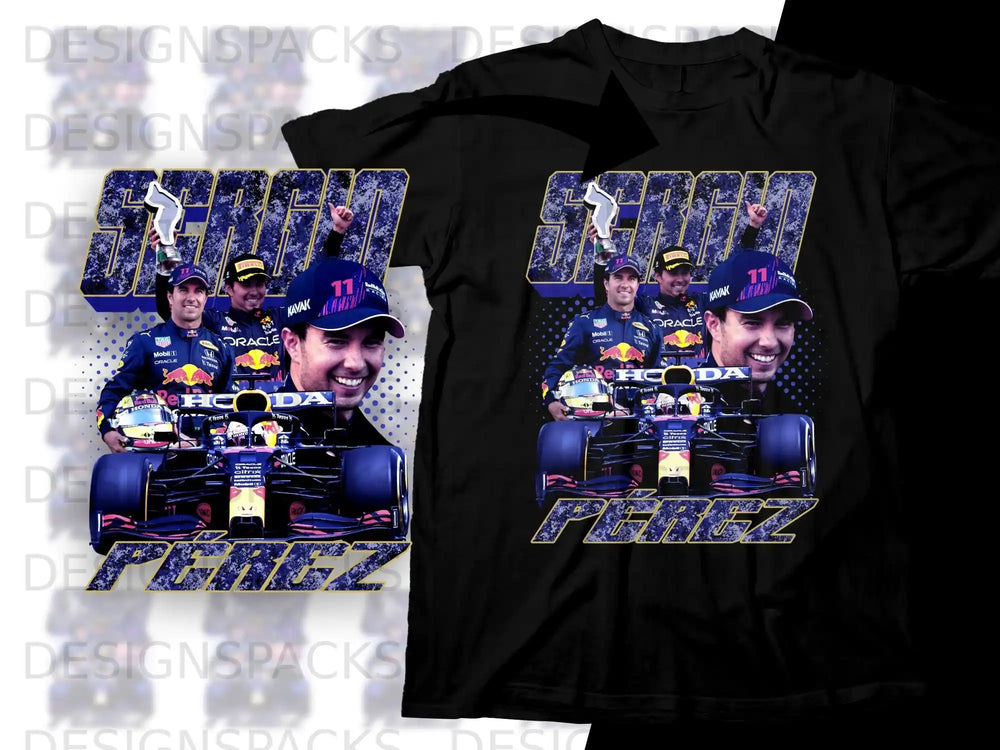 Sergio Perez in Red Bull racing gear, holding trophy, with "Perez" text.