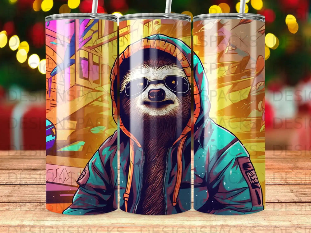 Sloth in sunglasses and hoodie on colorful cityscape background tumbler.
