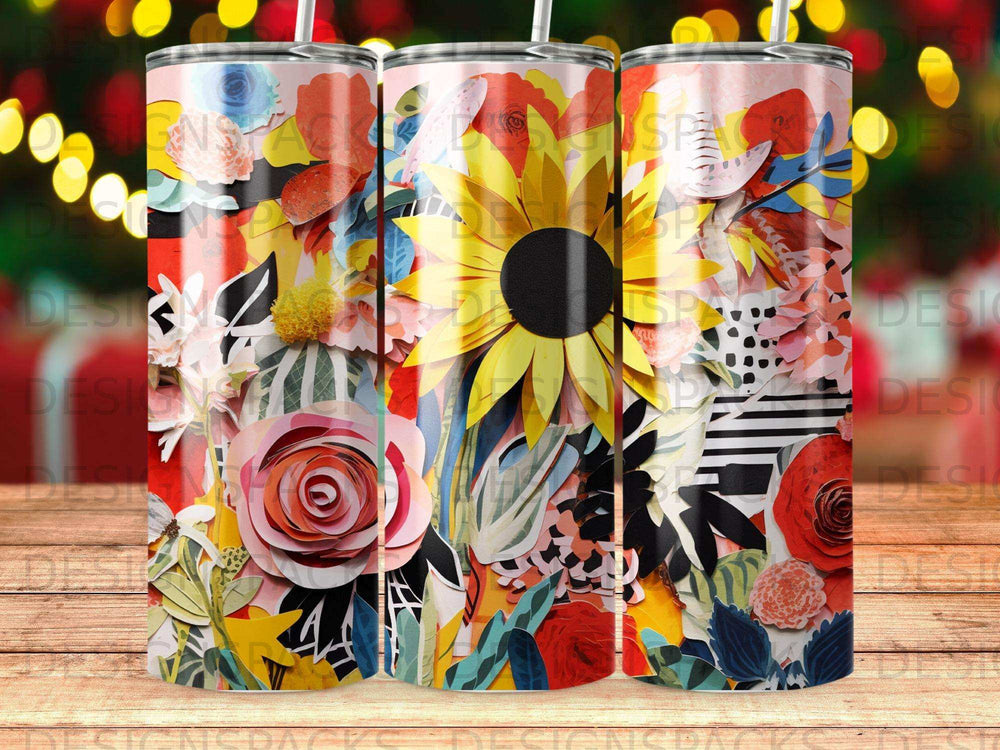 Tall tumbler with vibrant, layered floral and sun design.