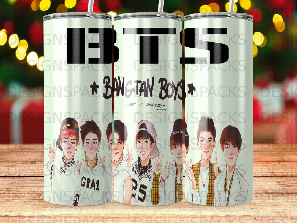 BTS Bangtan Boys illustration with "Happy 1st Anniversary" text.