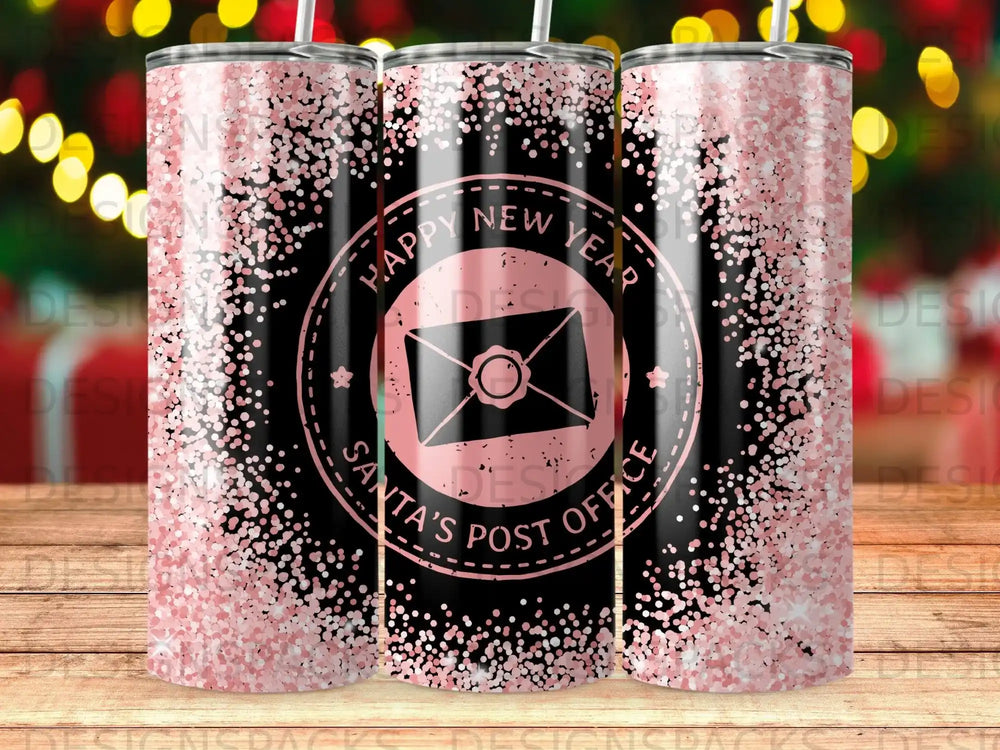 Black tumbler with pink glitter and "Happy New Year Santa's Post Office" text.