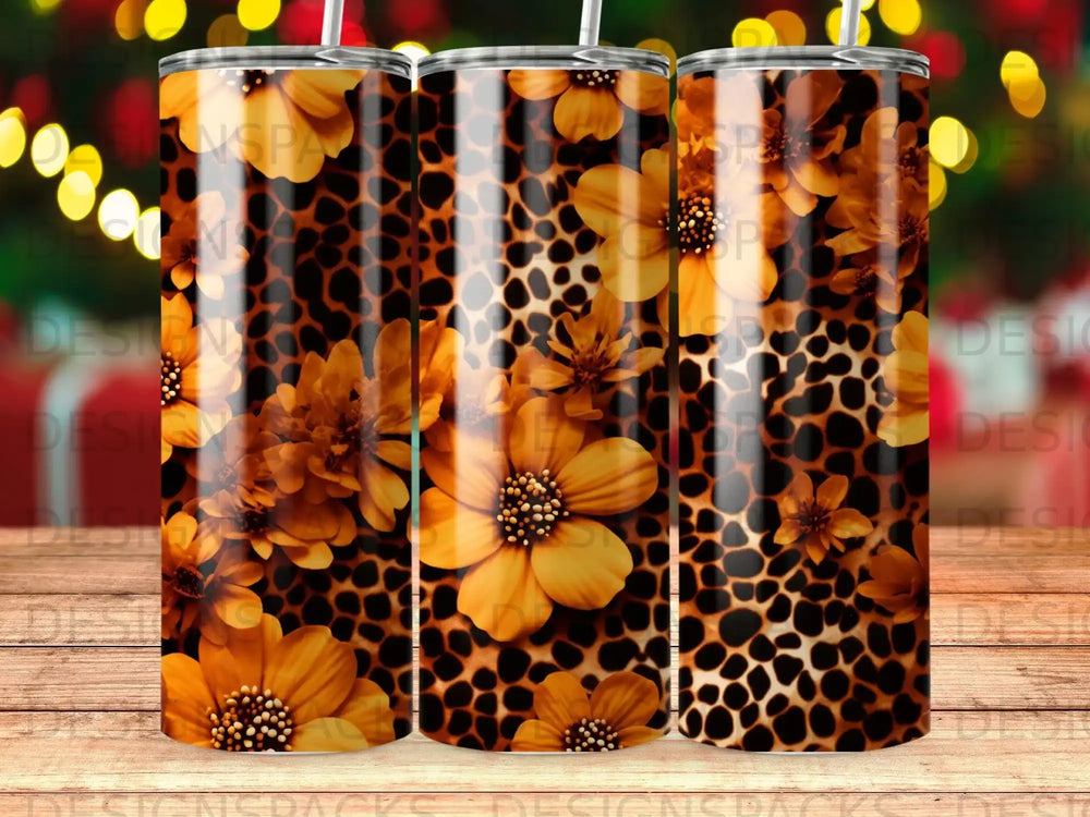 Orange floral and leopard print tumbler design.