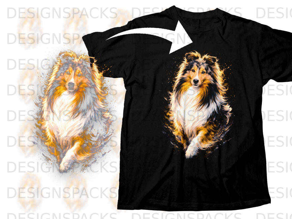 Black t-shirt with a vibrant watercolor-style Sheltie dog print.