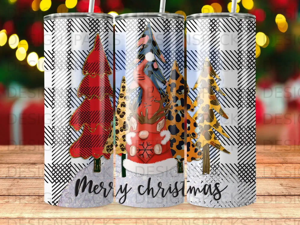 Three Christmas tumblers with plaid and animal print trees.