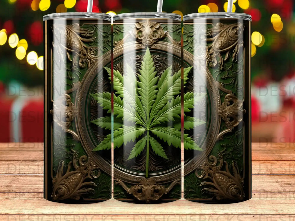 Cannabis leaf design on a decorative, ornate tumbler.