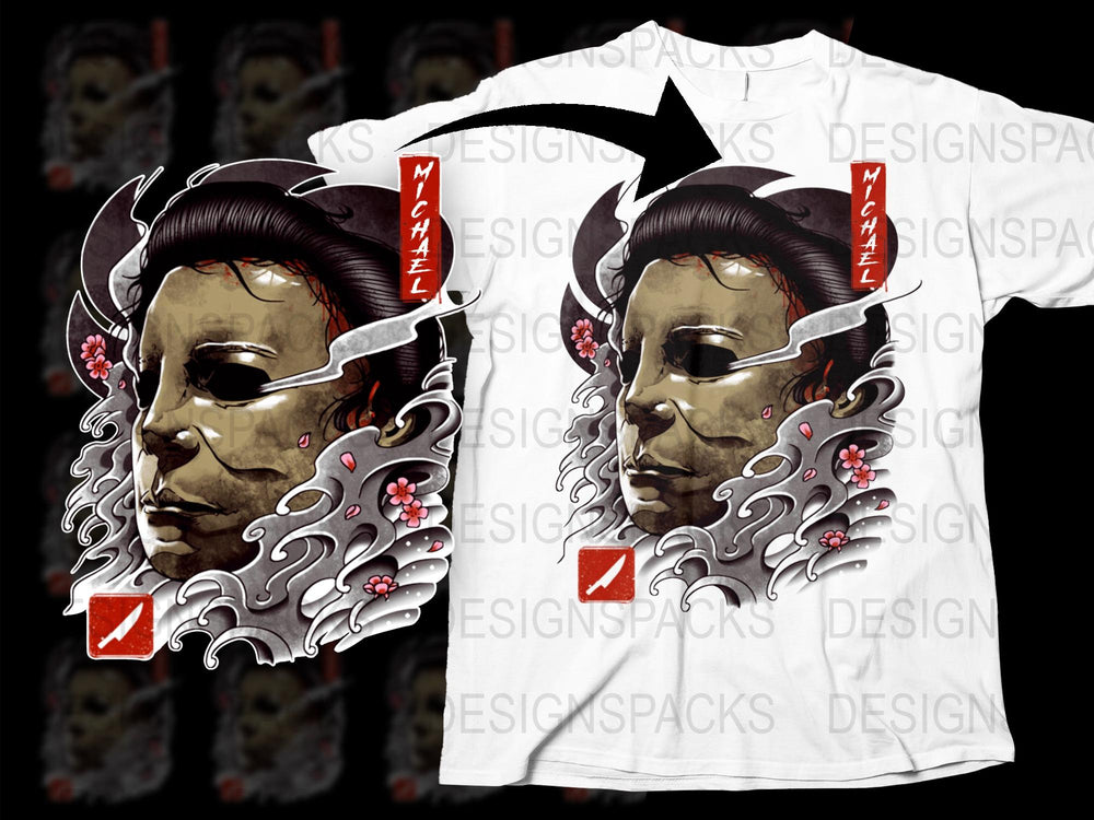 Japanese Inspired Horror Mask T-Shirt, Unique Graphic Demon Tee, Artistic Floral Design, Unisex Fashion