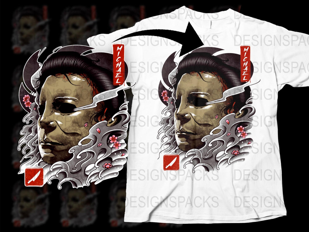 Japanese Inspired Horror Mask T-Shirt, Unique Graphic Demon Tee, Artistic Floral Design, Unisex Fashion