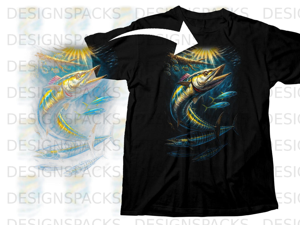 Black t-shirt with a graphic of marlin and tuna swimming underwater with sun rays.