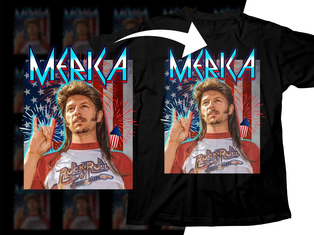 Merica Rock & Roll t-shirt design with patriotic fireworks and American flag graphics