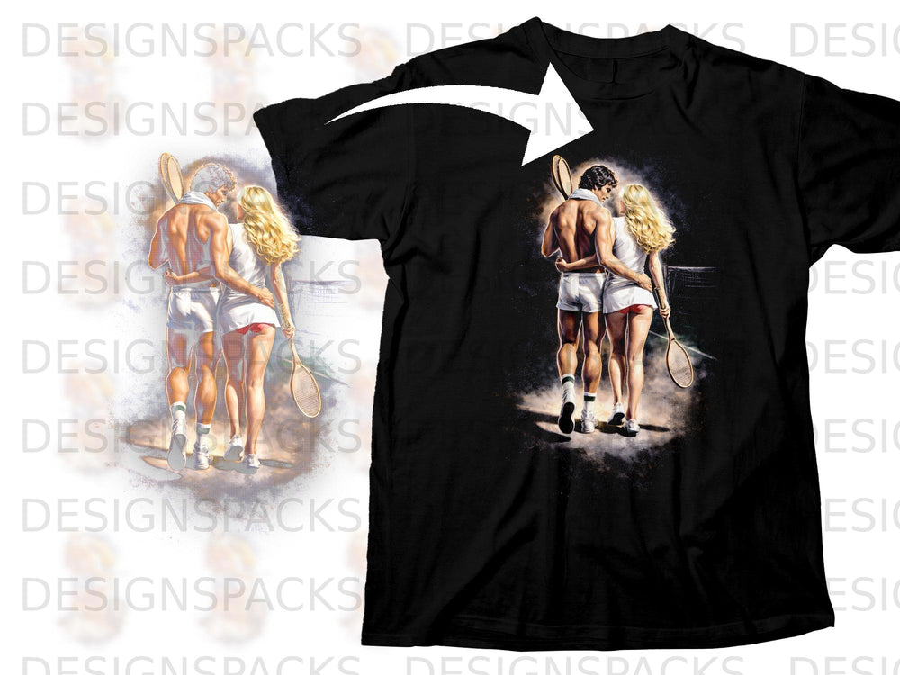 Black t-shirt with graphic of a man and woman holding tennis rackets.