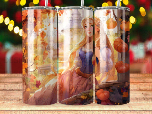 Princess Rapunzel in an autumn scene with pumpkins on a tumbler.