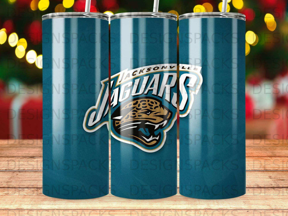 Jacksonville Jaguars logo on a blue tumbler with repeating design elements.