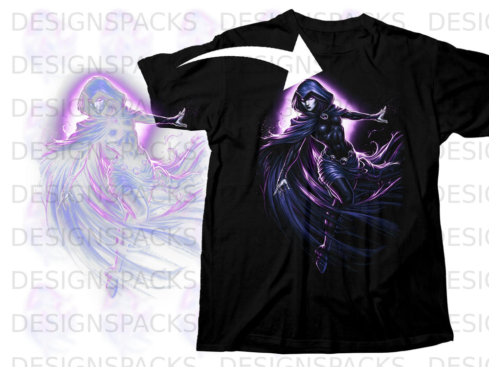 Black t-shirt featuring a dark purple and pink comic-style illustration of Raven.