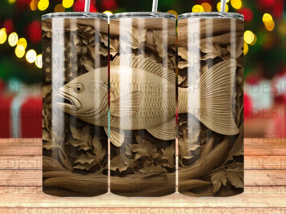 Wood-carved fish and oak leaves design on a tumbler.