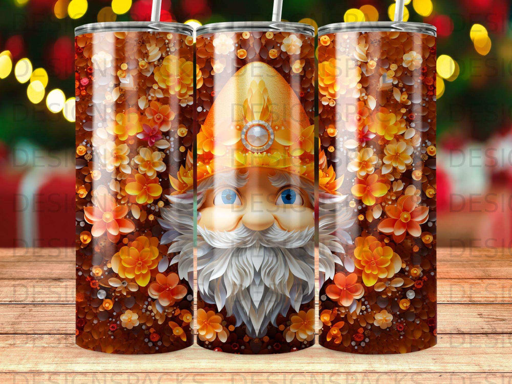 Gnome with white beard and orange hat surrounded by flowers.