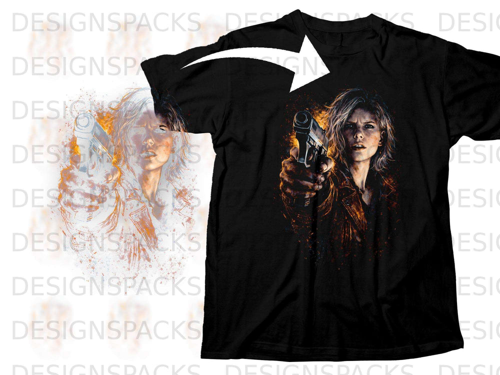 Black t-shirt featuring artwork of a woman with a gun.