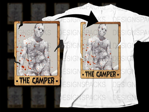 Horror T-Shirt 'The Camper' Design, Scary Movie Inspired White Tee, Unisex Graphic Shirt with Blood Splatter Print