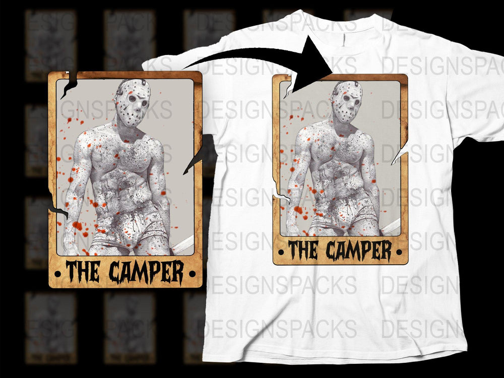 Horror T-Shirt 'The Camper' Design, Scary Movie Inspired White Tee, Unisex Graphic Shirt with Blood Splatter Print
