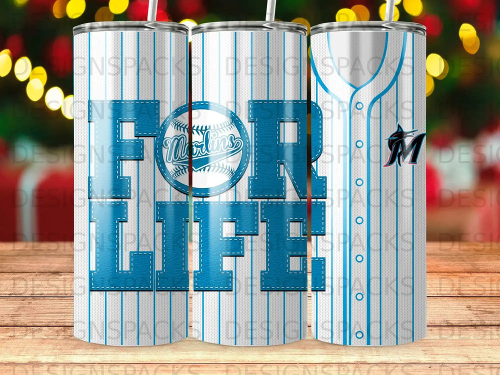 Marlins for Life tumbler with blue pinstripes and white text.
