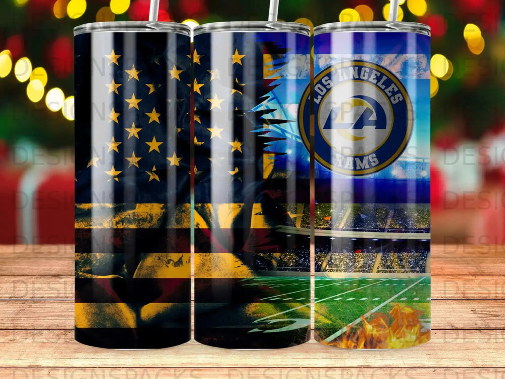 Los Angeles Rams football team logo and American flag on a tumbler.