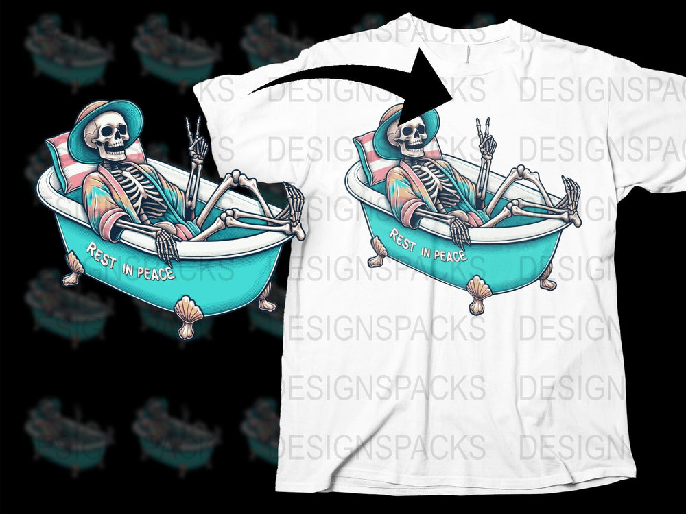 Skeleton Relaxing in Tub Graphic T-Shirt, Cool Skull Design, Rest in Peace Casual Wear