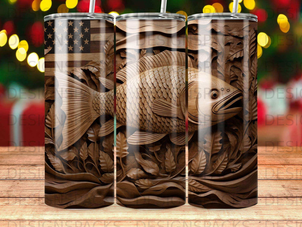 Wood-carved fish and American flag design on a tumbler.