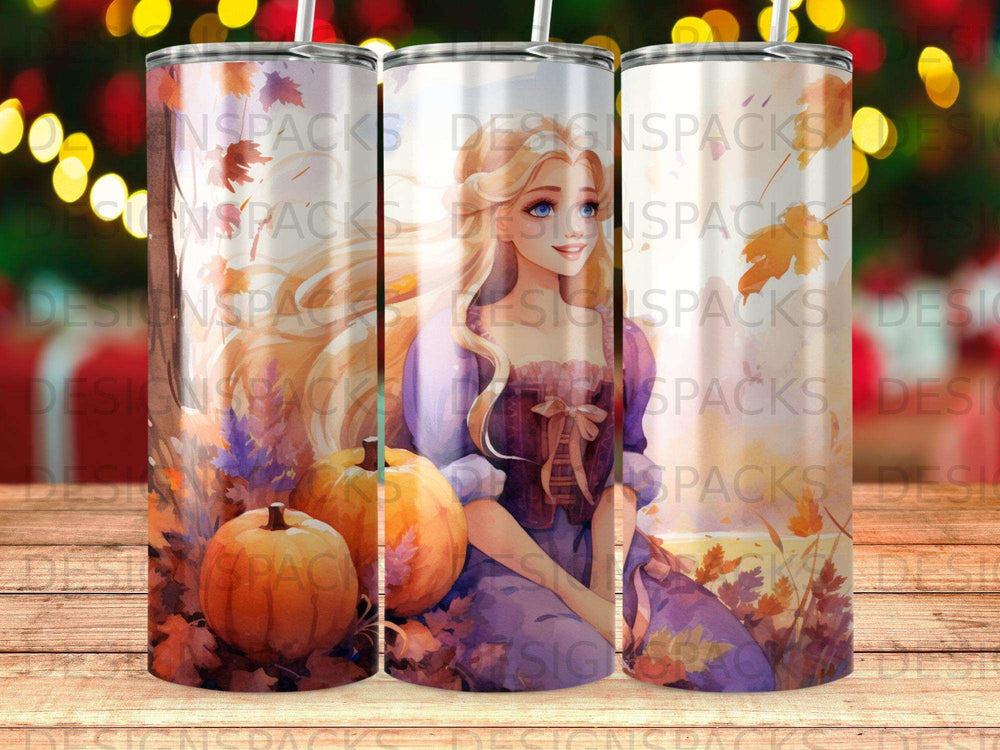 Woman with blonde hair and pumpkins, surrounded by autumn leaves.