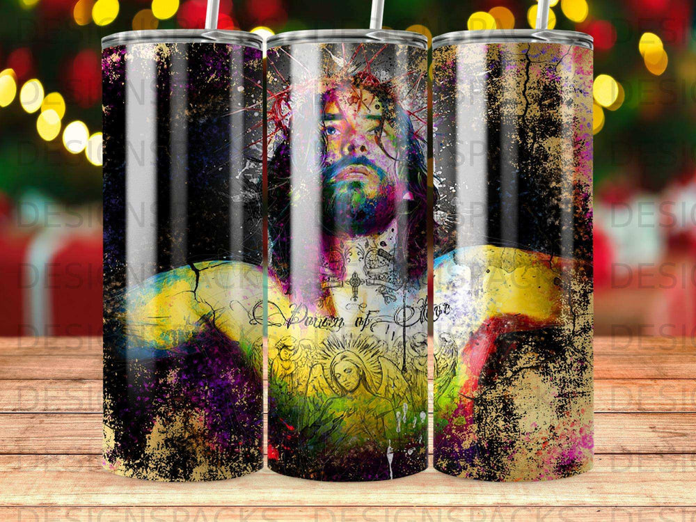 Jesus artwork with distressed floral accents on a tumbler.