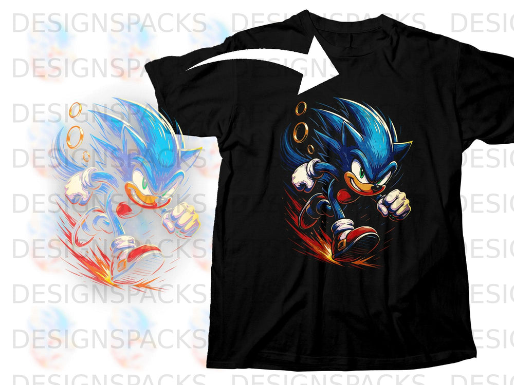 Black t-shirt with Sonic the Hedgehog graphic and gold rings.