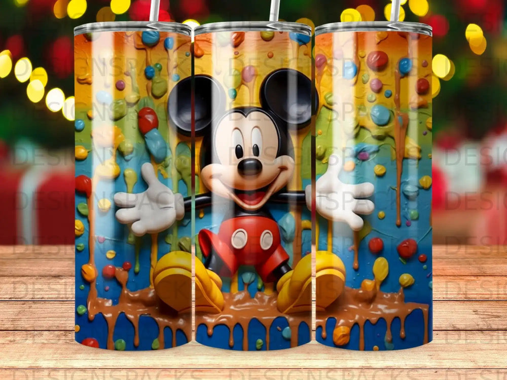 Mickey Mouse with colorful paint drips and bubbles on a tumbler wrap.
