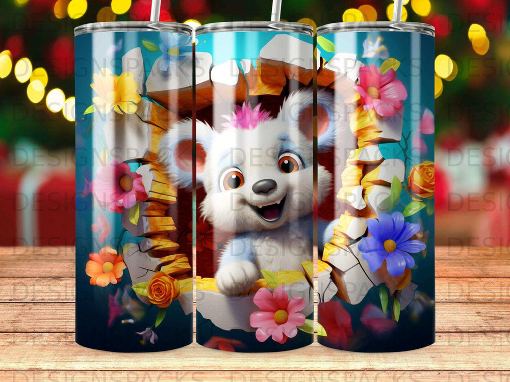 Cartoon dog character peeking through a cracked wall with colorful flowers.
