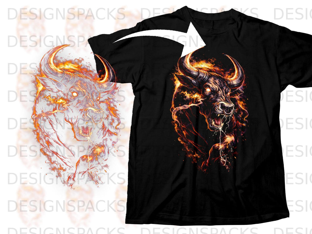 Black t-shirt with a fiery bull design on the front.